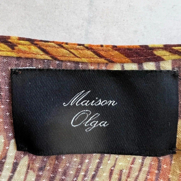 Maison Olga Women Tops Blouse Orange Yellow Cotton Short Sleeve Ruffle Hem Sz M - Picture 5 of 8